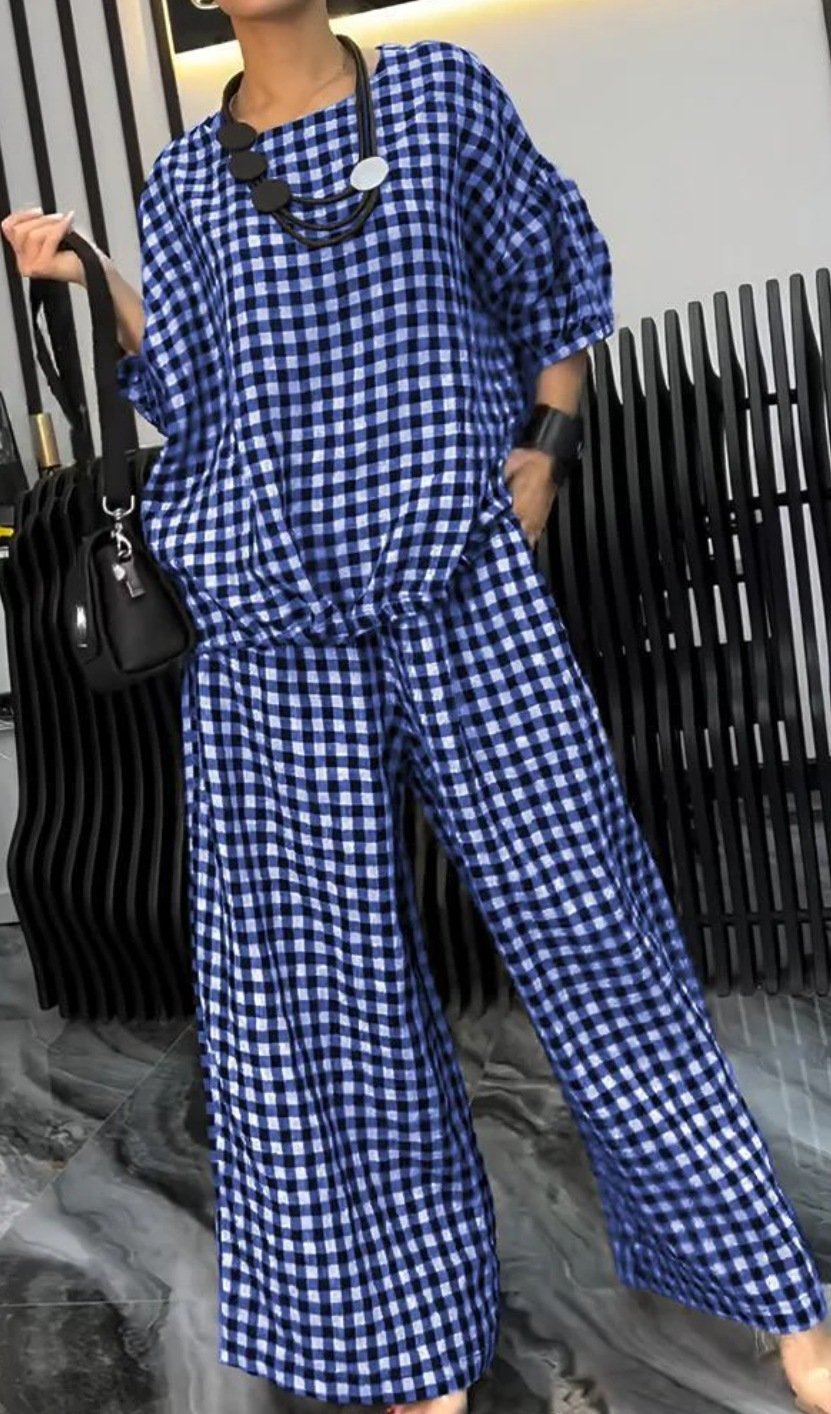 Radiantgrp-Women's Comfortable Plaid Top And Pants Two-Piece Set