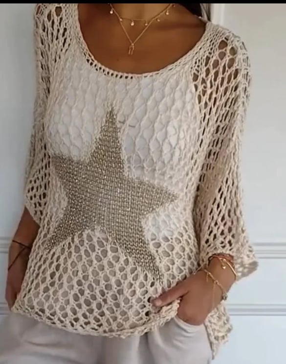 Five-Star Round Neck Hollow Crochet Tops