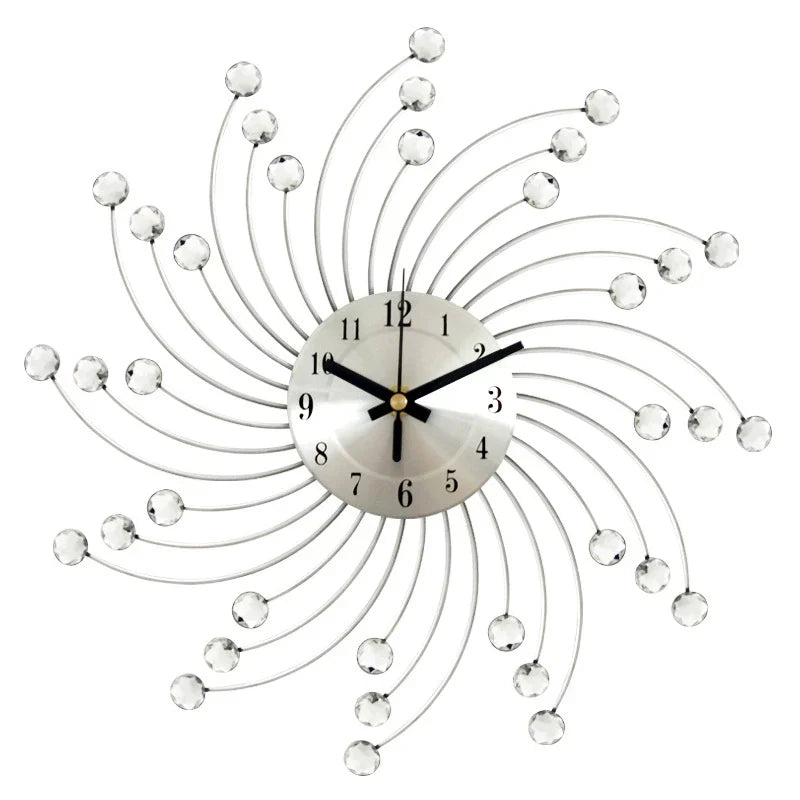 Modern 3D Crystal Wall Clock - 12.4 Inch Silver Mirror with Diamond Decoration