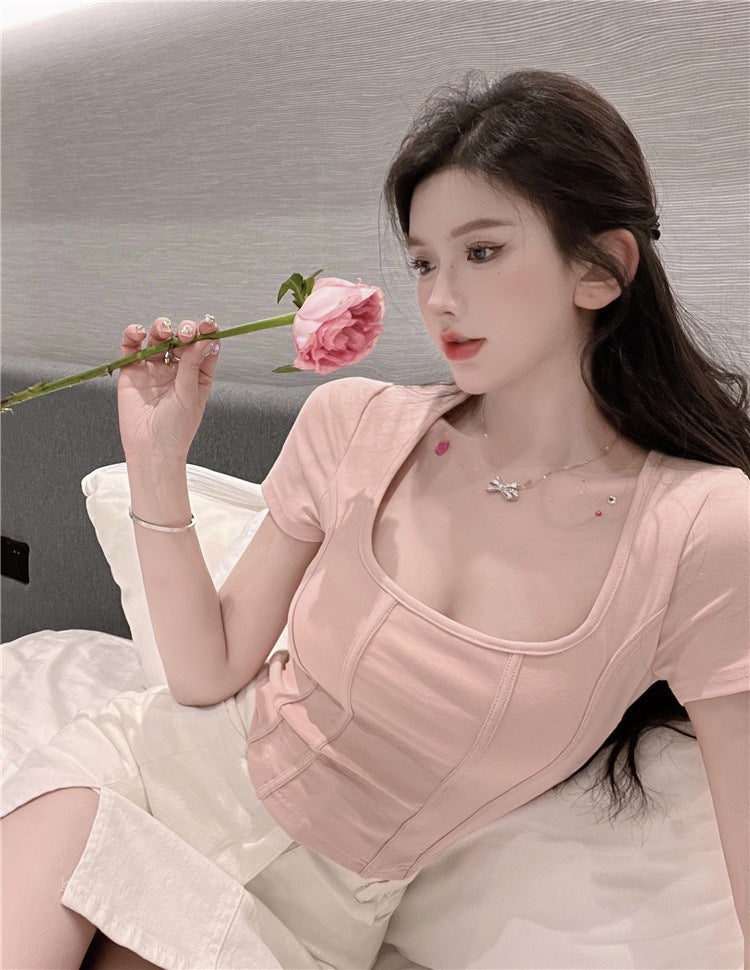 Square collar herringbone short sleeve solid color cotton T-shirt for women