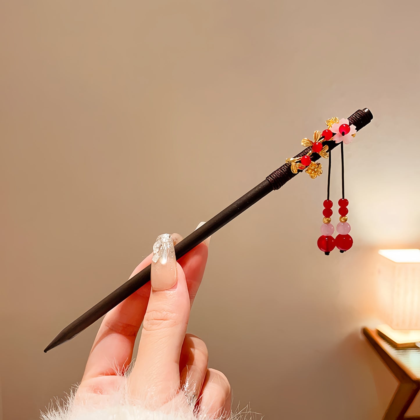Antique tassel hairpin retro hairpin hair accessories(Red flower black bead hairpin)