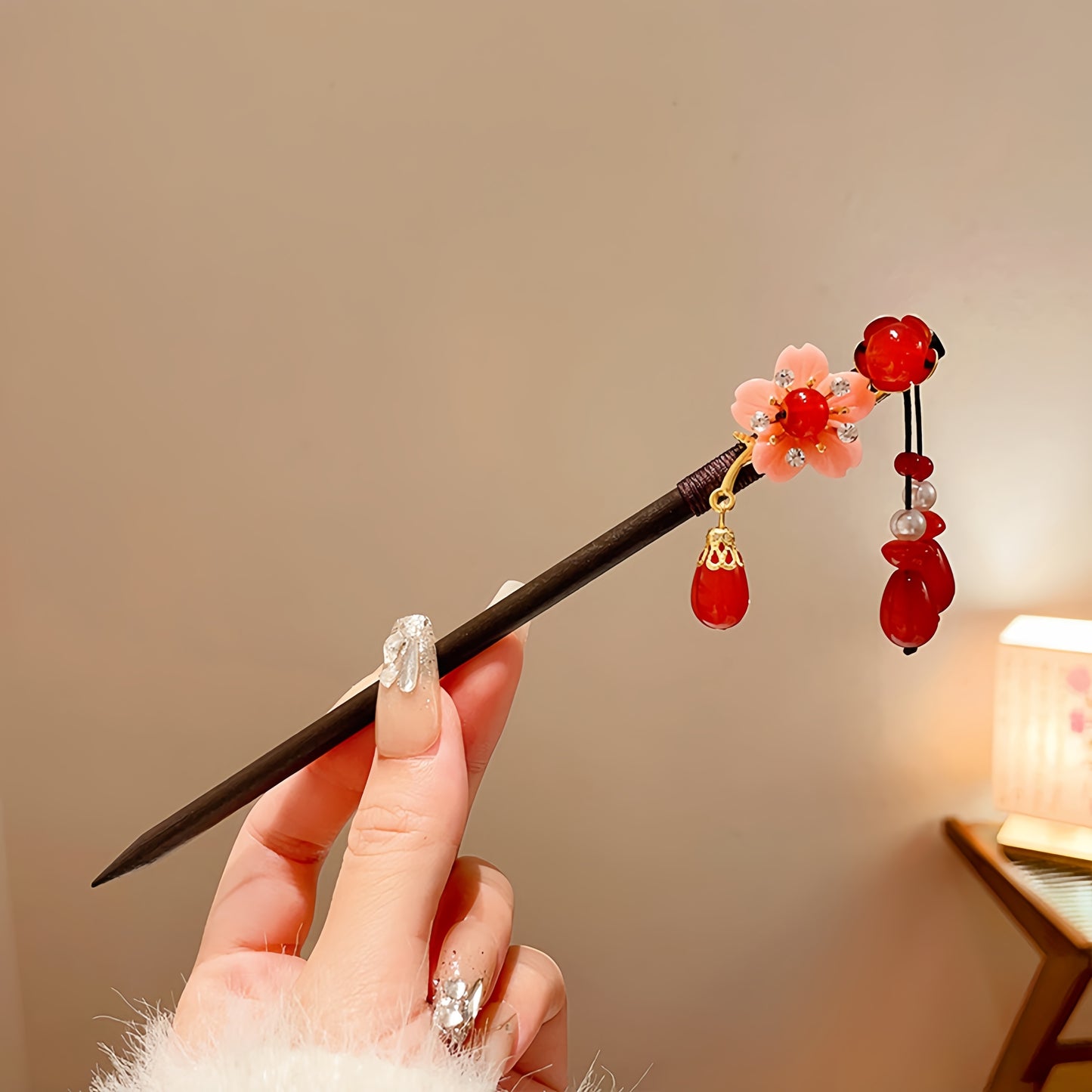 Antique tassel hairpin retro hairpin hair accessories(Pink flower red pendant hairpin)