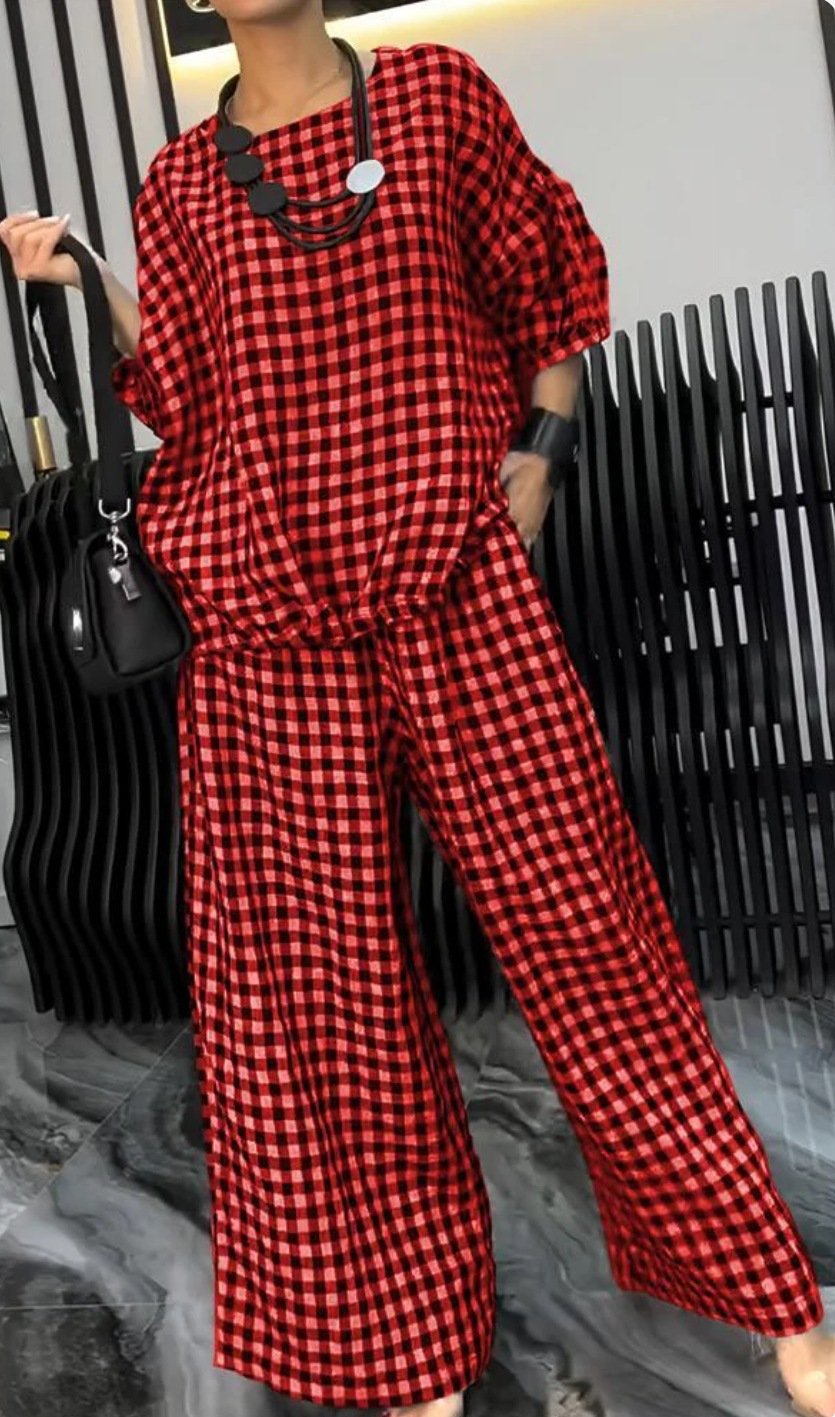Radiantgrp-Women's Comfortable Plaid Top And Pants Two-Piece Set