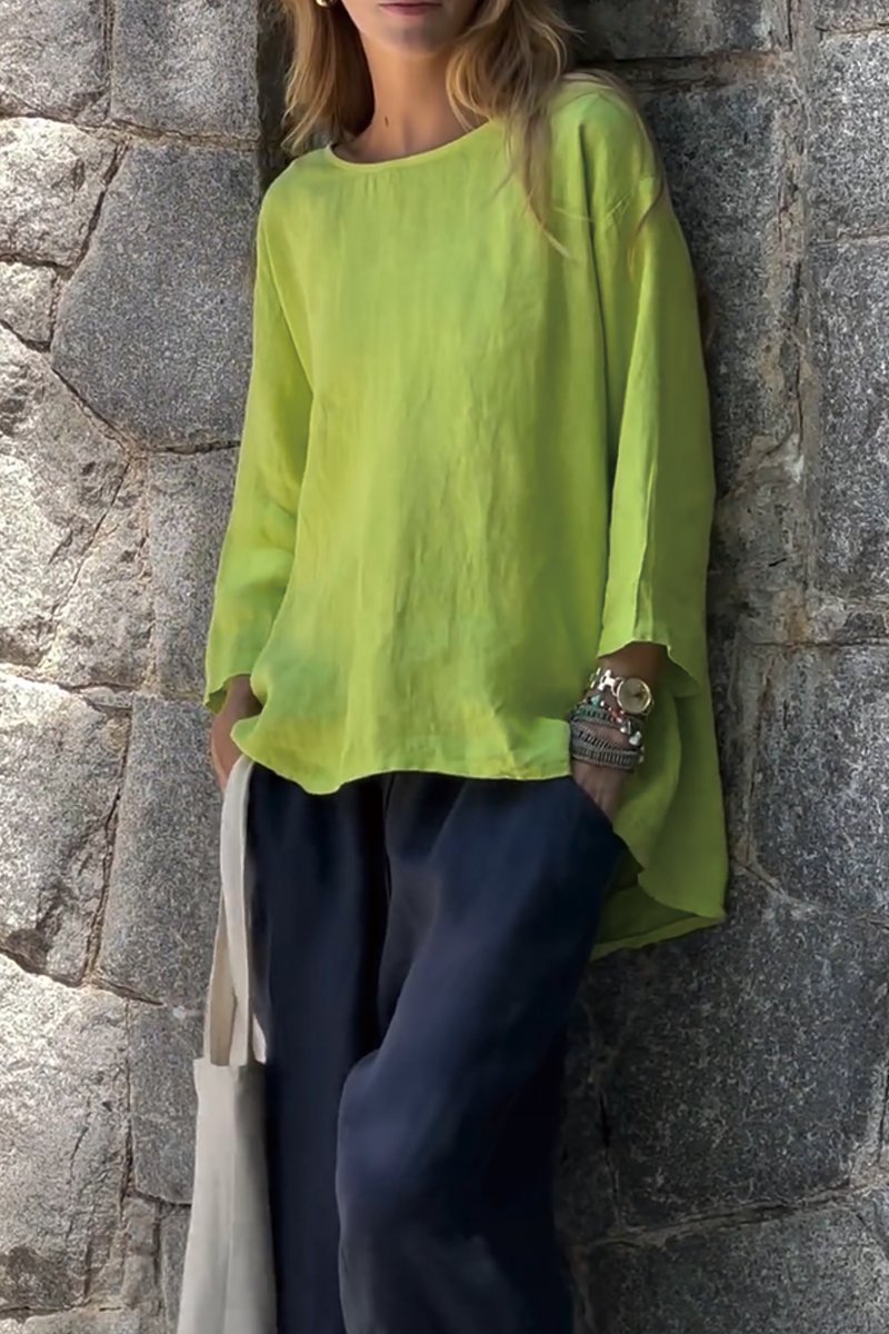 Women Solid Color Cotton And Linen Long Sleeve Shirt