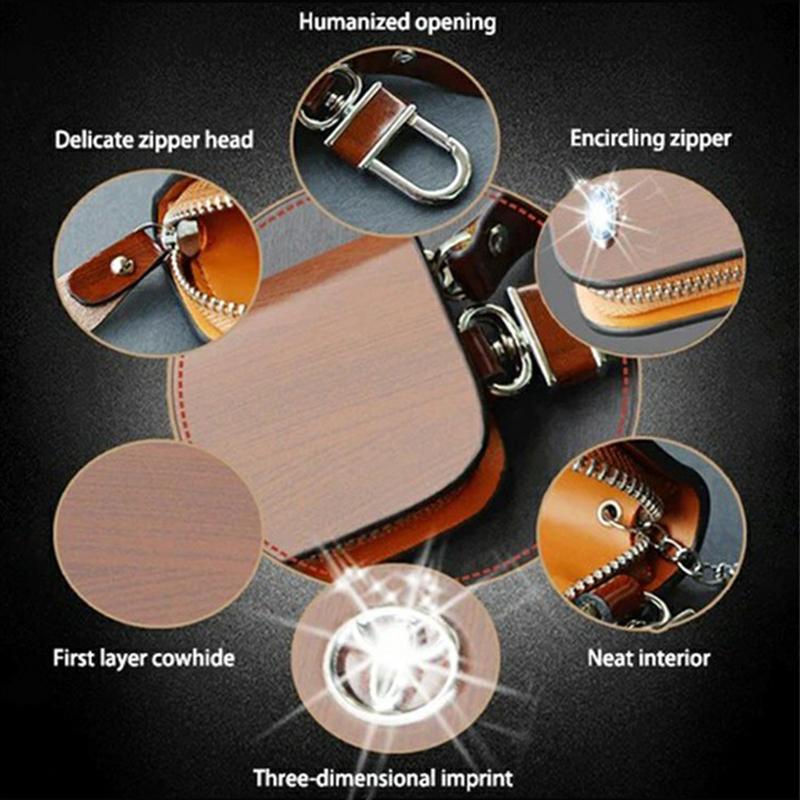 🔥Car Logo Leather Wood Grain Car Key Case