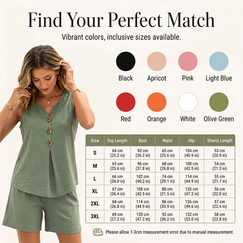 Women's Summer V-Neck Button-Front Sleeveless Top and Shorts Two-Piece Set