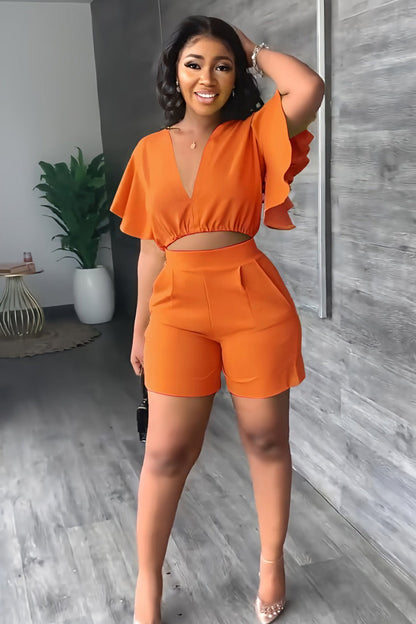 💓V Neck Ruffled Casual Two Piece Shorts Set