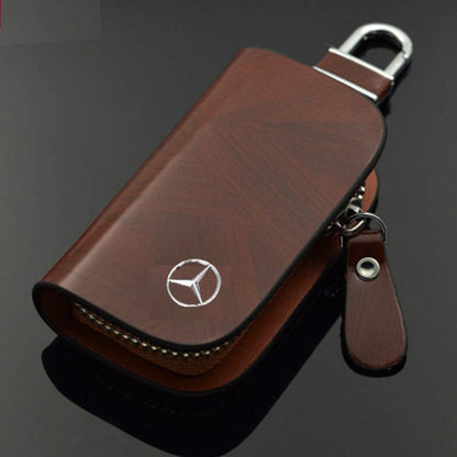 🔥Car Logo Leather Wood Grain Car Key Case