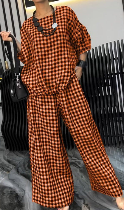 Radiantgrp-Women's Comfortable Plaid Top And Pants Two-Piece Set