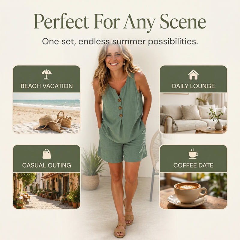 Women's Summer V-Neck Button-Front Sleeveless Top and Shorts Two-Piece Set