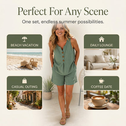 Women's Summer V-Neck Button-Front Sleeveless Top and Shorts Two-Piece Set