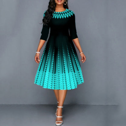 Women's Half Sleeve A-Line Party Dress Vintage O-Neck Plaid Ombre Print Swing Skirt