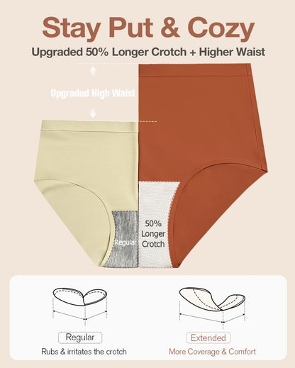 6 Pack Womens Underwear High Waisted Seamless Full Coverage Briefs No Show Ladies Panties (Regular & Plus Size)