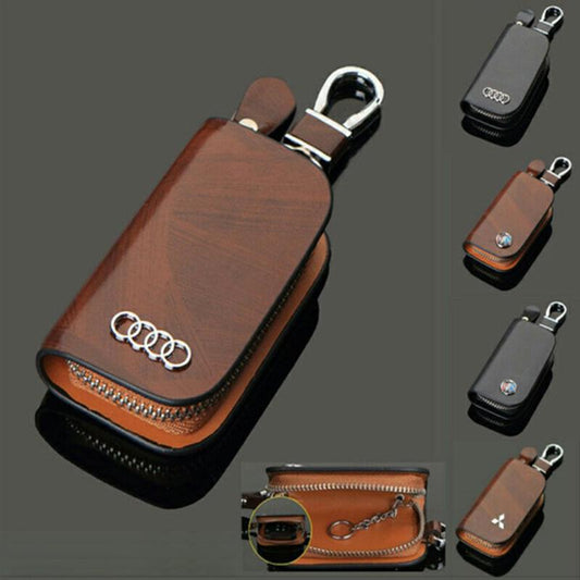 🔥Car Logo Leather Wood Grain Car Key Case