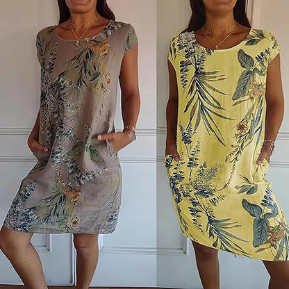 🔥This week's hot sale🔥Women's Cotton & Linen Round Neck Printed Dress