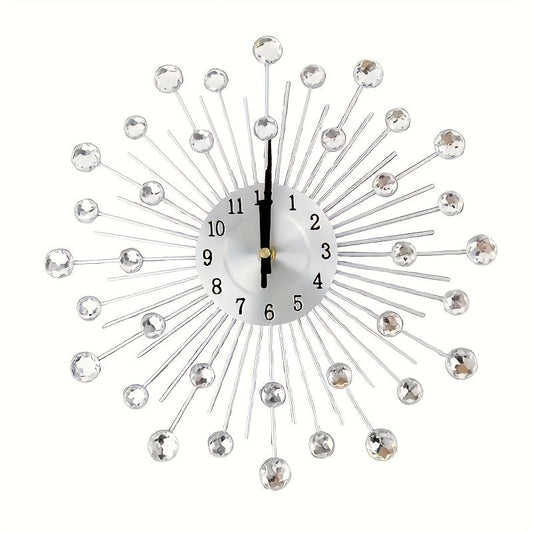 Modern 3D Crystal Wall Clock - 12.4 Inch Silver Mirror with Diamond Decoration