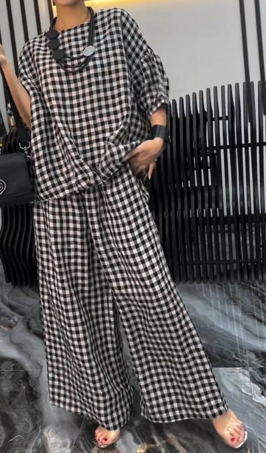 Radiantgrp-Women's Comfortable Plaid Top And Pants Two-Piece Set