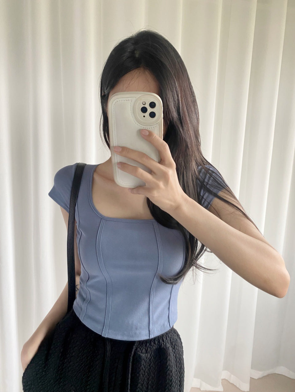 Square collar herringbone short sleeve solid color cotton T-shirt for women