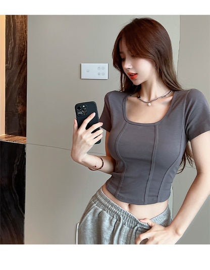 Square collar herringbone short sleeve solid color cotton T-shirt for women