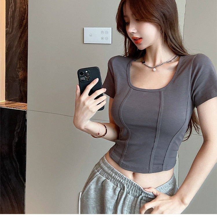 Square collar herringbone short sleeve solid color cotton T-shirt for women