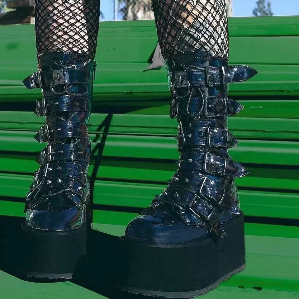 New European and American style rivet wedge heel mid-tube thick-soled women's boots - Punk hot girl knight boots