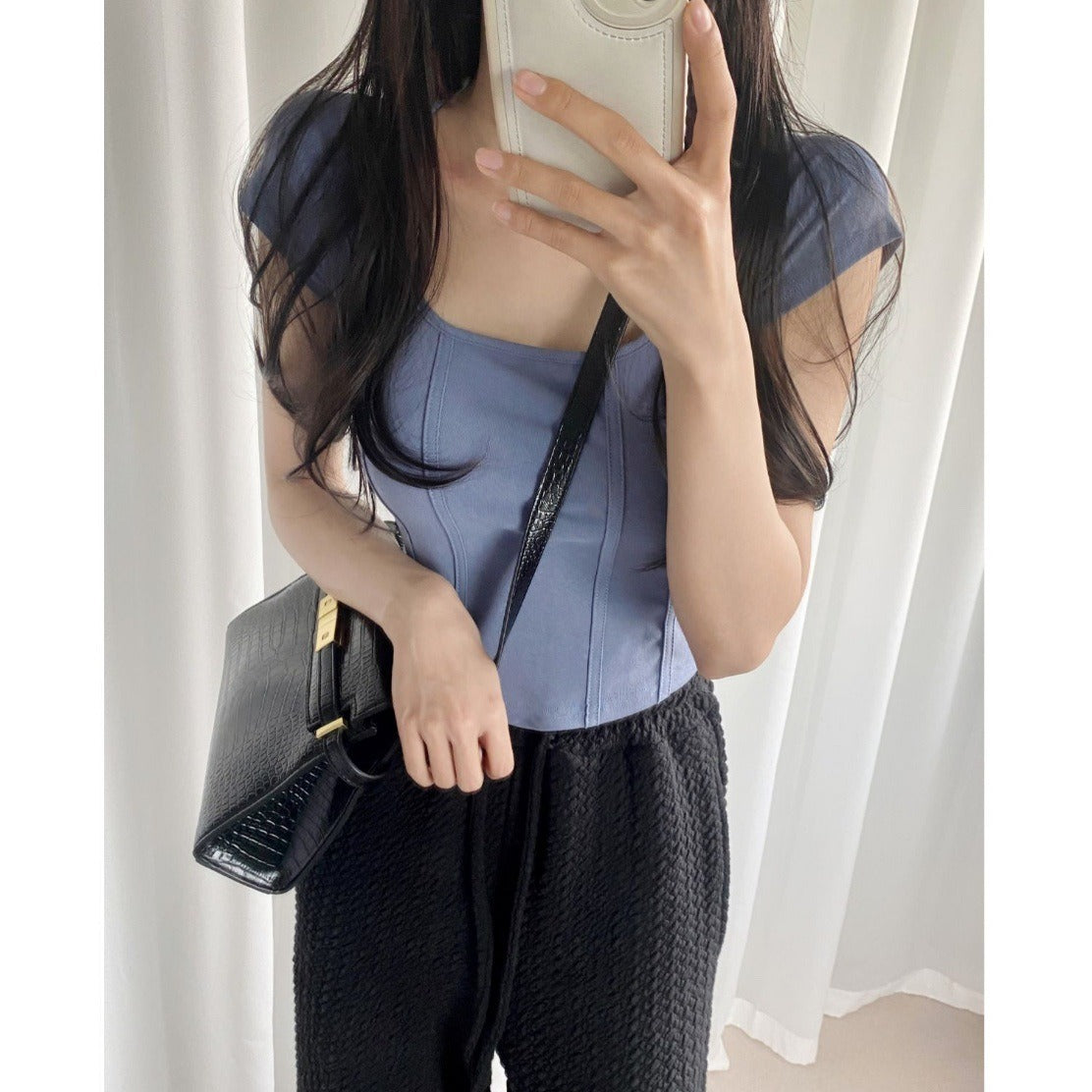 Square collar herringbone short sleeve solid color cotton T-shirt for women