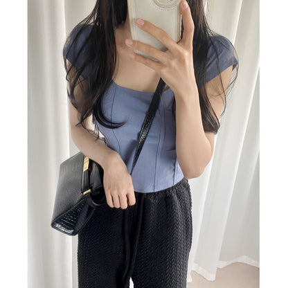 Square collar herringbone short sleeve solid color cotton T-shirt for women