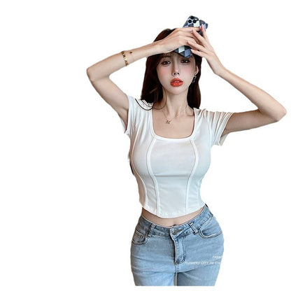 Square collar herringbone short sleeve solid color cotton T-shirt for women