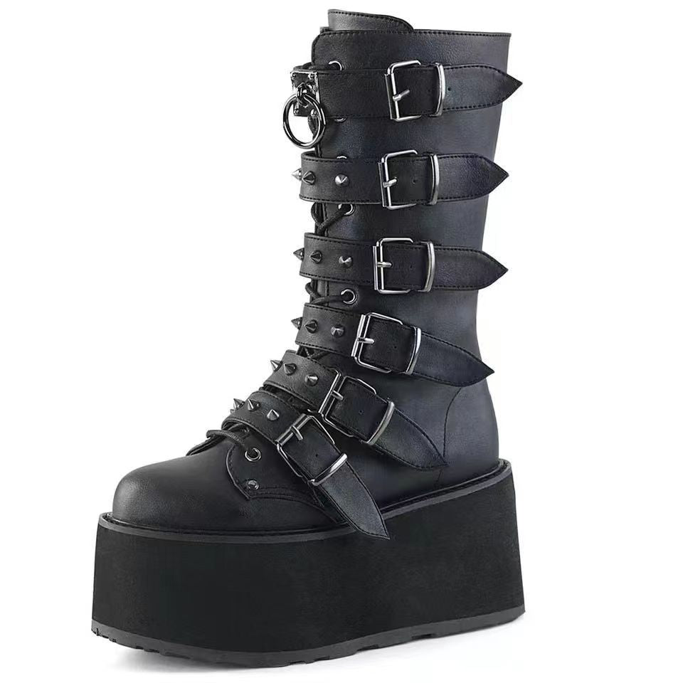 New European and American style rivet wedge heel mid-tube thick-soled women's boots - Punk hot girl knight boots