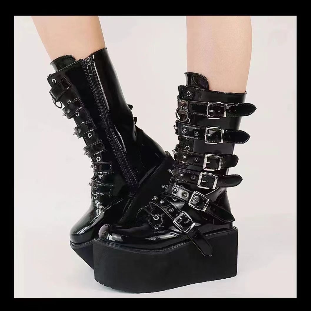 New European and American style rivet wedge heel mid-tube thick-soled women's boots - Punk hot girl knight boots