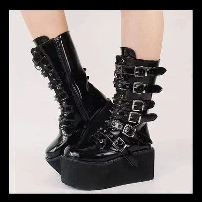 New European and American style rivet wedge heel mid-tube thick-soled women's boots - Punk hot girl knight boots