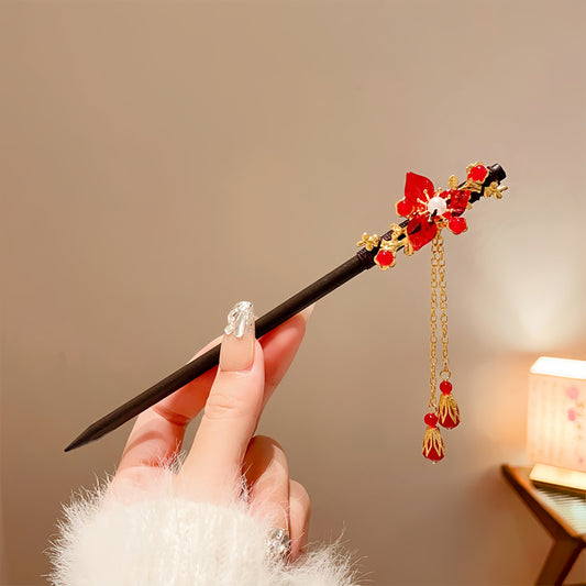 Antique tassel hairpin retro hairpin hair accessories(Three-leaf red bead tassel hairpin)