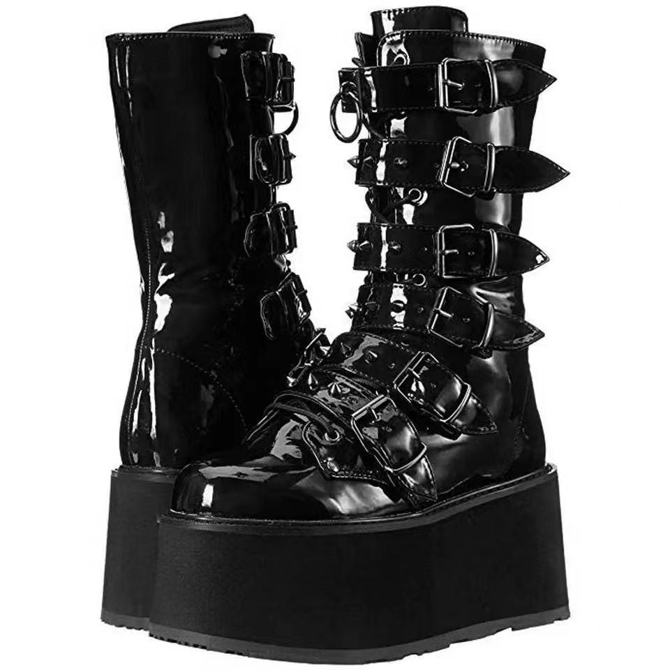 New European and American style rivet wedge heel mid-tube thick-soled women's boots - Punk hot girl knight boots