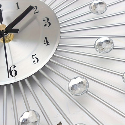 Modern 3D Crystal Wall Clock - 12.4 Inch Silver Mirror with Diamond Decoration