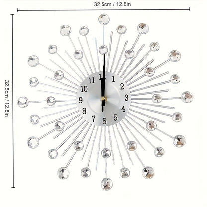 Modern 3D Crystal Wall Clock - 12.4 Inch Silver Mirror with Diamond Decoration