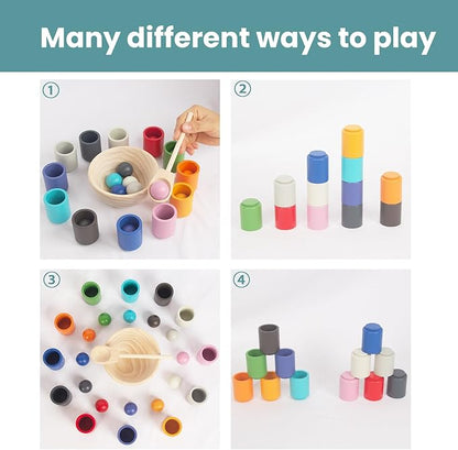 Rainbow Balls in Cups Toddler Montessori Toys, Kids Preschool Wooden Matching Games for Learning Color Sorting and Counting