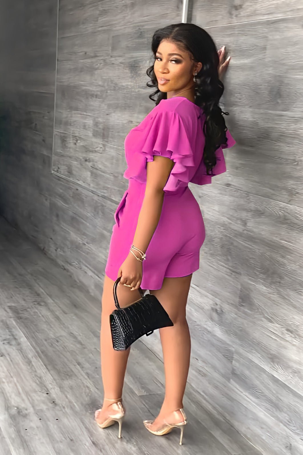 💓V Neck Ruffled Casual Two Piece Shorts Set