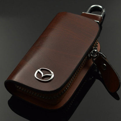 🔥Car Logo Leather Wood Grain Car Key Case