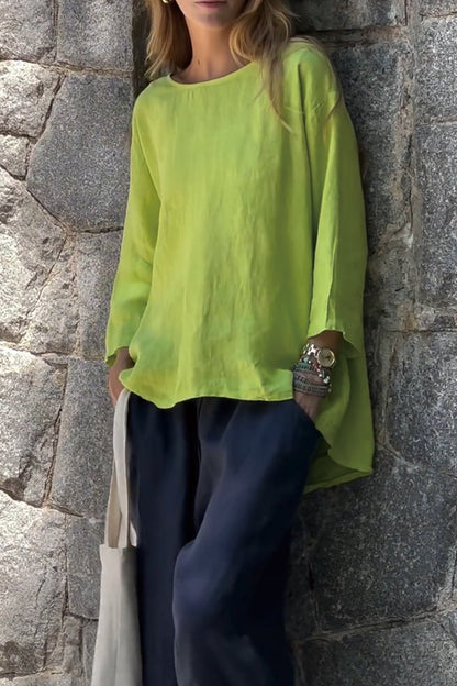 Women Solid Color Cotton And Linen Long Sleeve Shirt