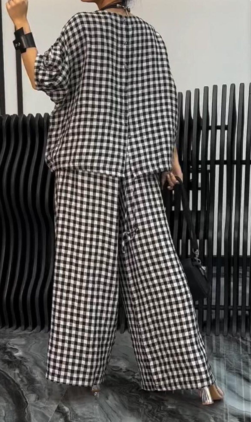 Radiantgrp-Women's Comfortable Plaid Top And Pants Two-Piece Set