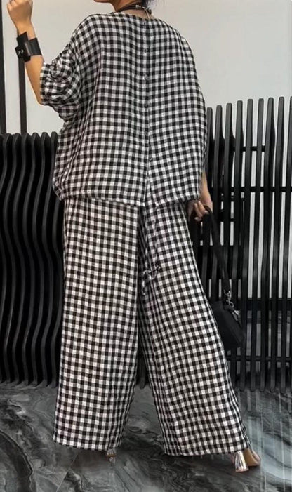 Radiantgrp-Women's Comfortable Plaid Top And Pants Two-Piece Set