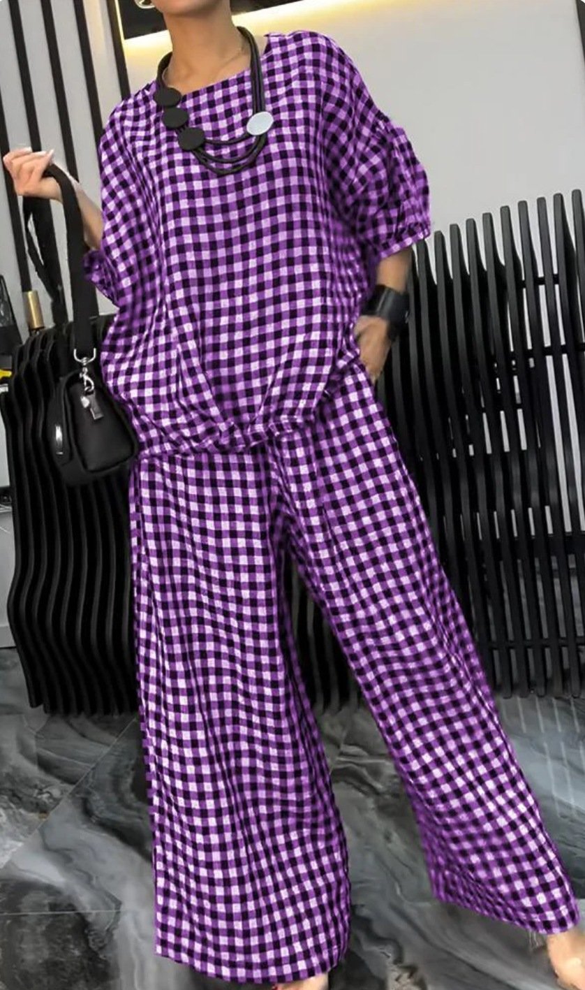 Radiantgrp-Women's Comfortable Plaid Top And Pants Two-Piece Set