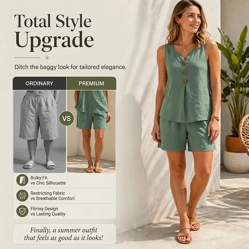 Women's Summer V-Neck Button-Front Sleeveless Top and Shorts Two-Piece Set